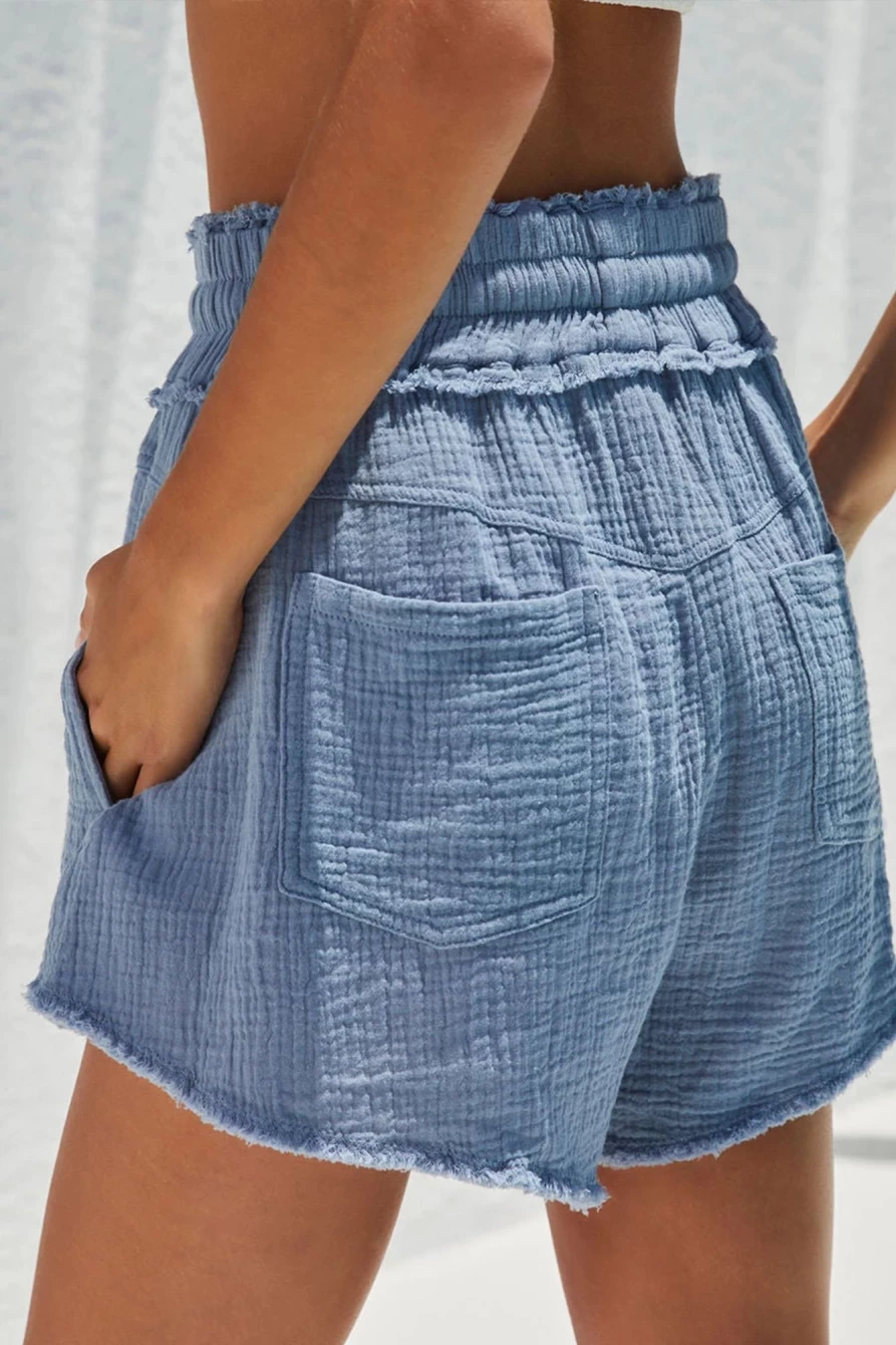Shewin Women's Ashleigh Blue Casual Smocked Raw Edge Shorts
