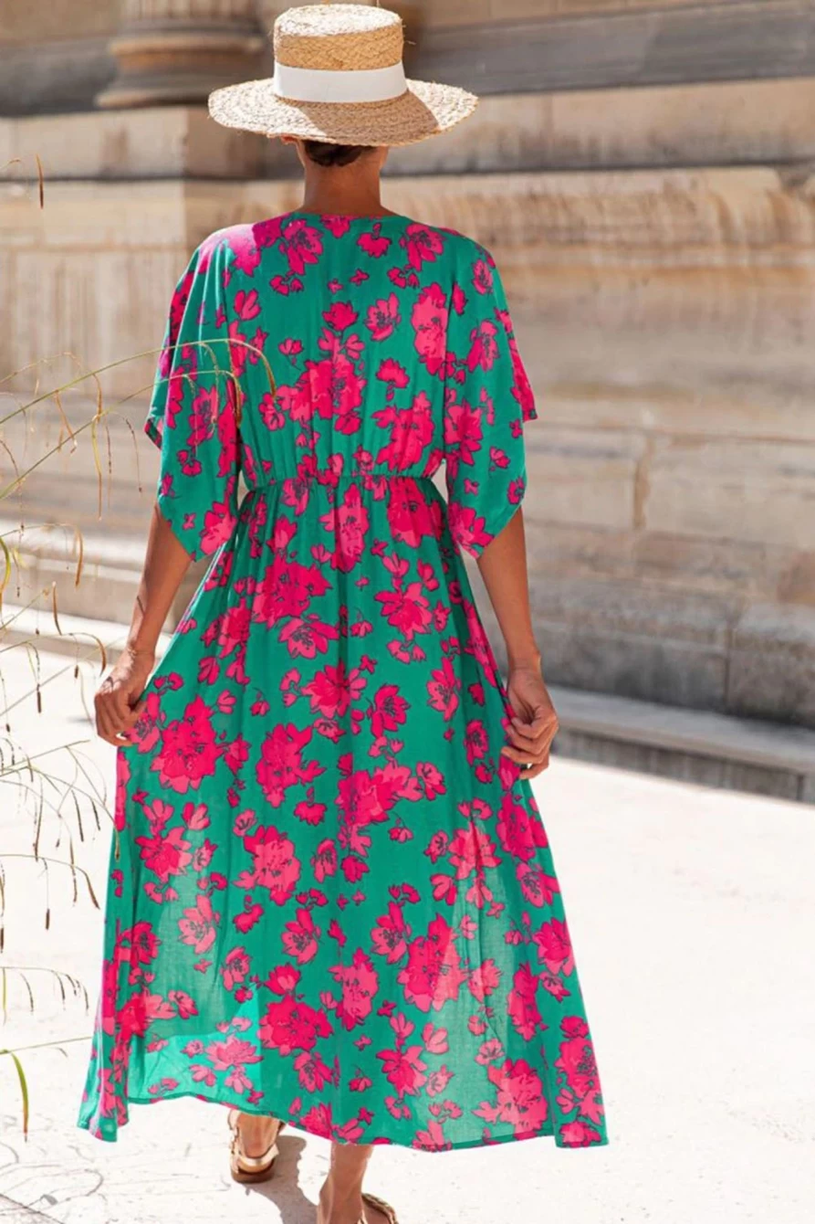 Shewin Women's Sea Green Floral Print Half Sleeve Split Flared Maxi Dress