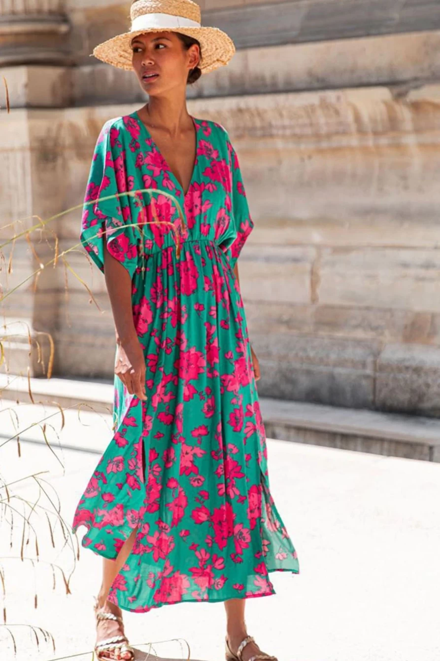Shewin Women's Sea Green Floral Print Half Sleeve Split Flared Maxi Dress