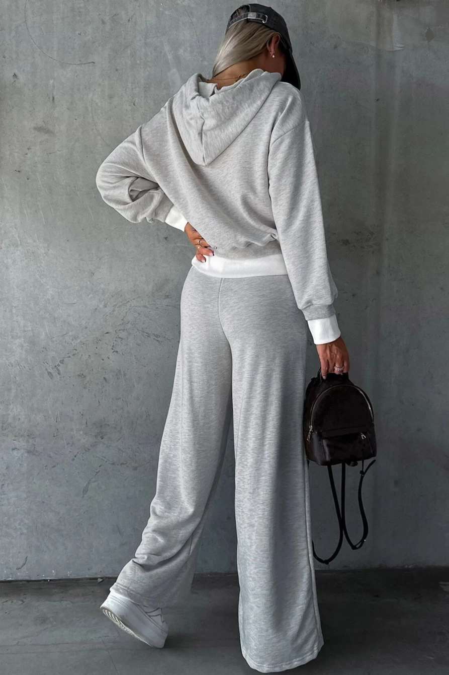 Shewin Women's Beige Drawstring Hoodie & Splicing Wide Leg Pants Set