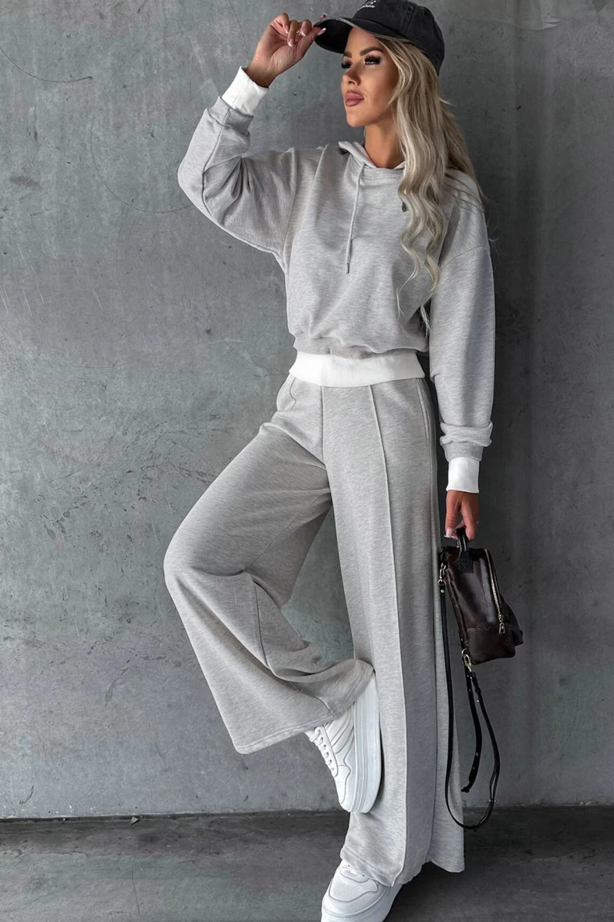 Shewin Women's Beige Drawstring Hoodie & Splicing Wide Leg Pants Set
