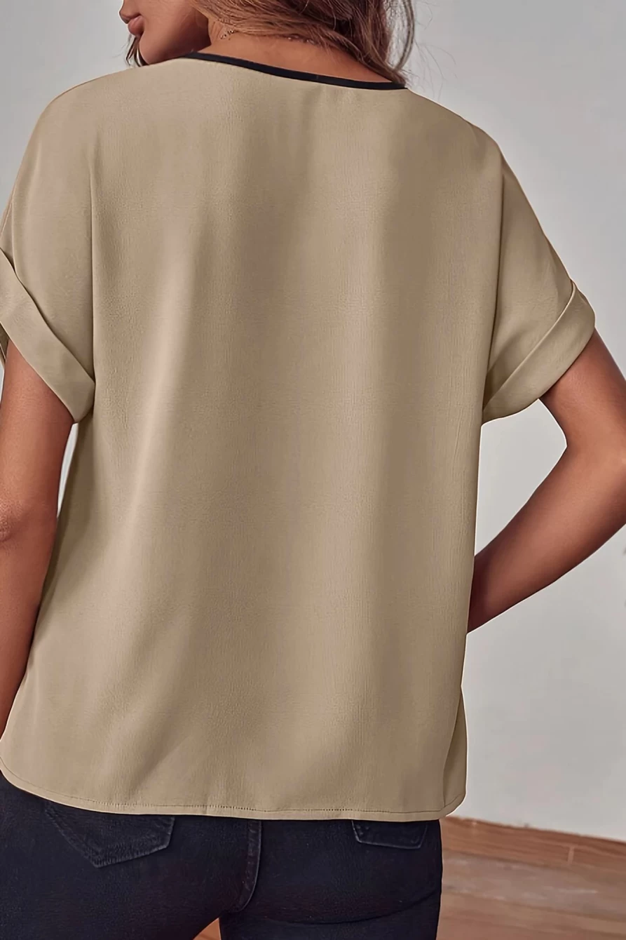 Shewin Women's Pale Khaki Contrast Edge V-Neck Tab Sleeve Blouse