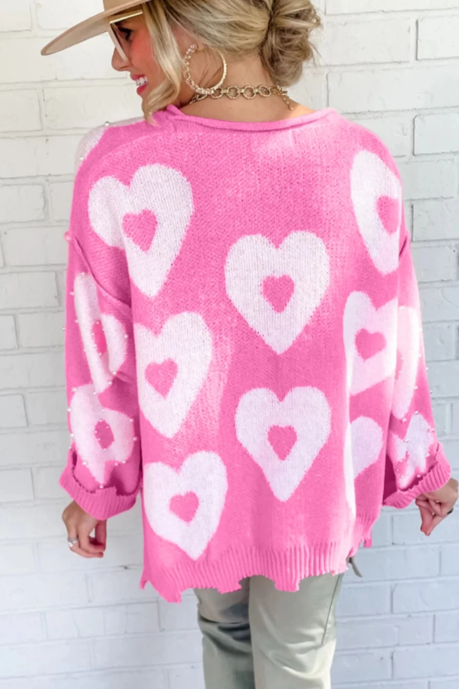 Shewin Women's Bonbon Pearl Beaded Heart Drop Shoulder Sweater