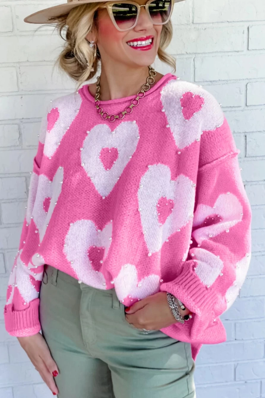 Shewin Women's Bonbon Pearl Beaded Heart Drop Shoulder Sweater