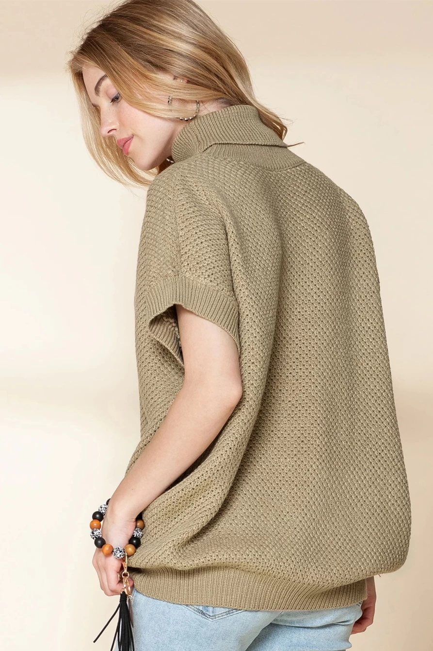 Shewin Women's Pale Khaki Ribbed Textured Short Sleeve Turtleneck Sweater