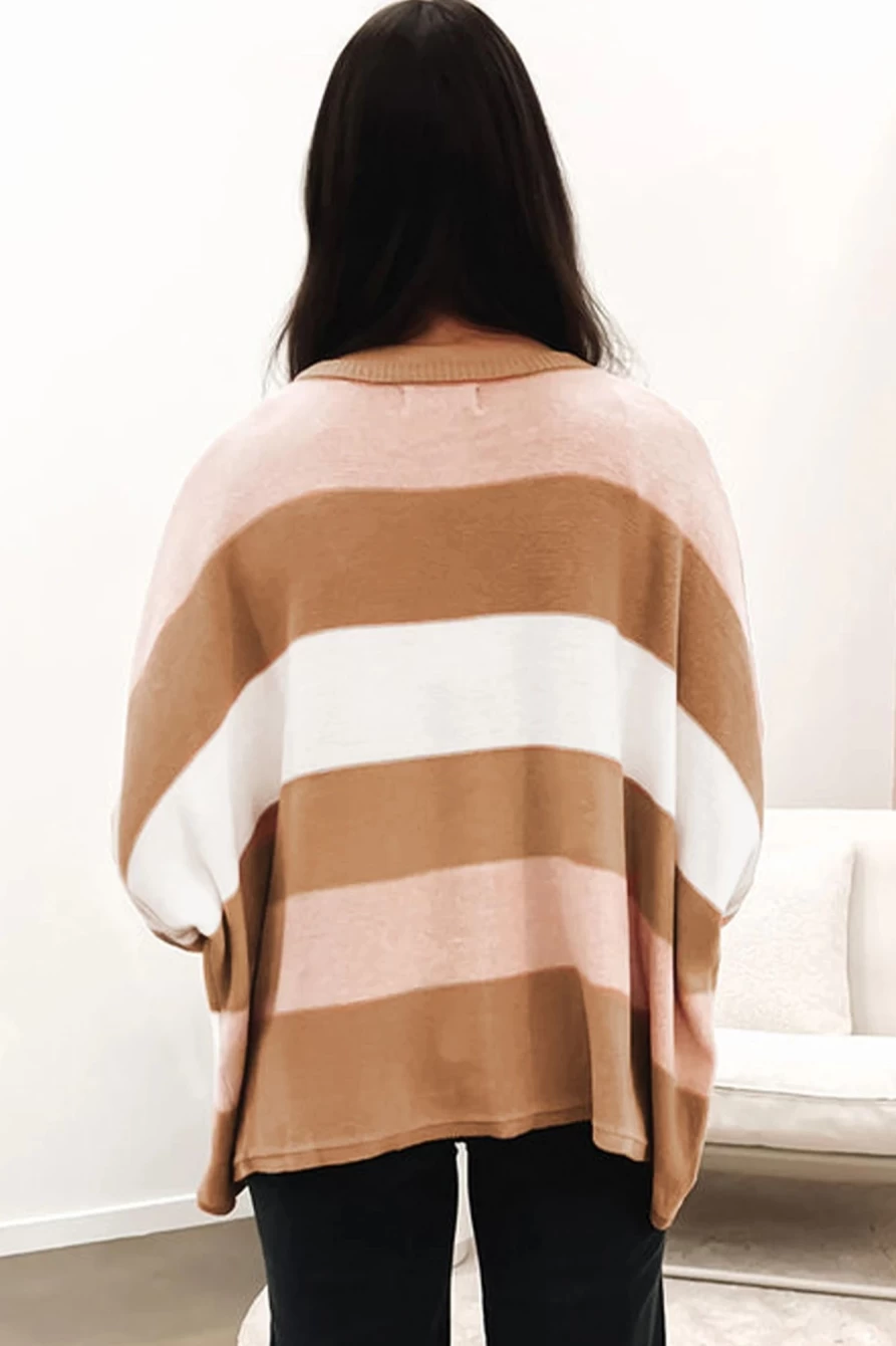 Shewin Women's Multicolored Striped Knit Drop Shoulder Loose Sweater