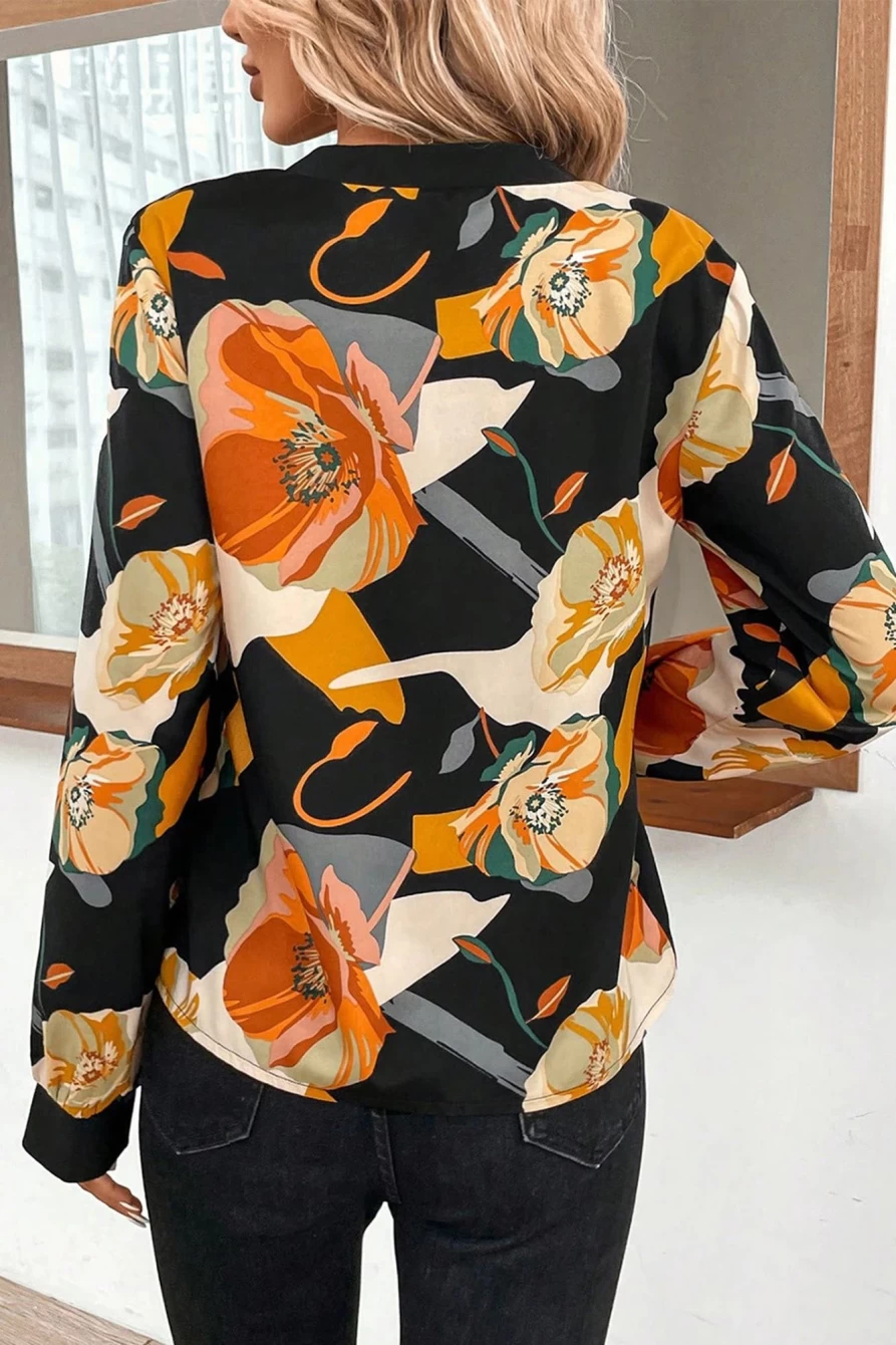 Shewin Women's Multicolour Floral Print Long Sleeve V-Neck Blouse with Side Split