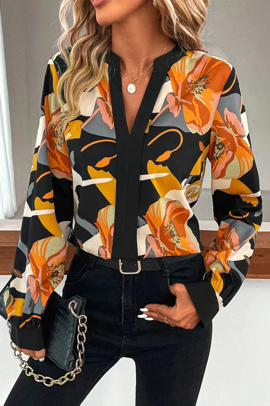 Shewin Women's Multicolour Floral Print Long Sleeve V-Neck Blouse with Side Split
