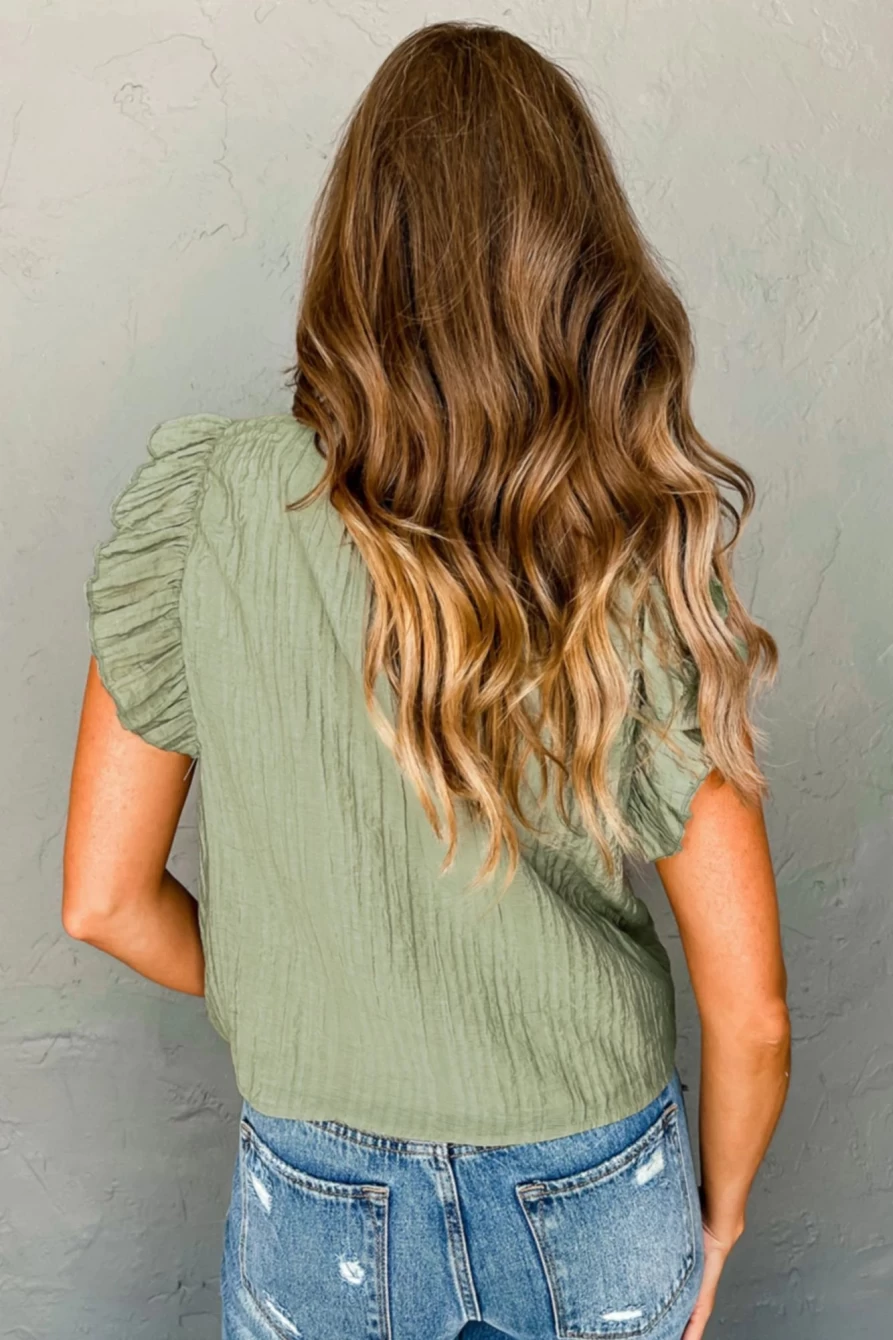 Shewin Women's Meadow Mist Green V Neck Flutter Sleeve Textured Blouse