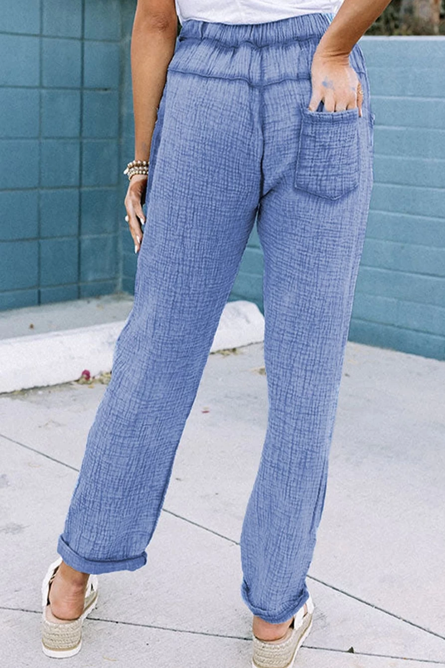 Shewin Women's Sky Blue Washed Textured Straight Leg Pants with Drawstring Waist