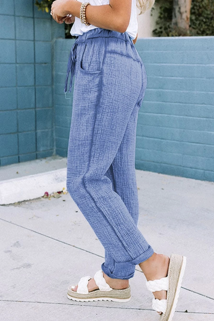 Shewin Women's Sky Blue Washed Textured Straight Leg Pants with Drawstring Waist