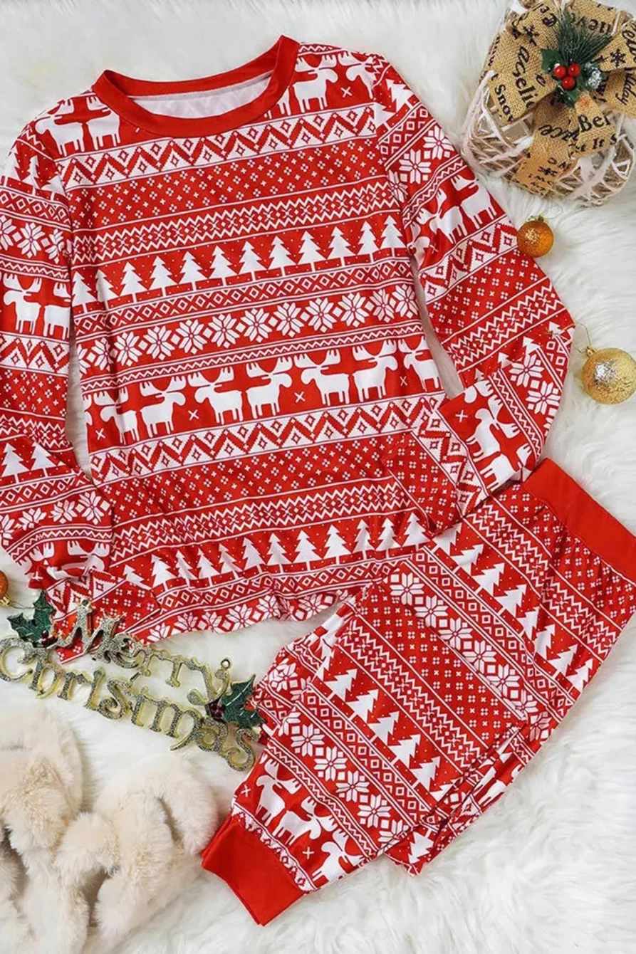 Shewin Women's Red Christmas Reindeer Print Pullover & Pants Loungewear Set