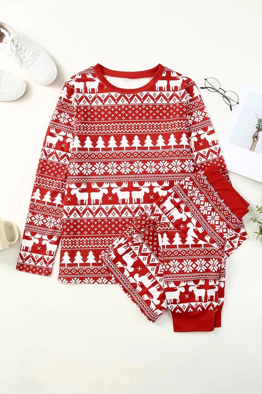 Shewin Women's Red Christmas Reindeer Print Pullover & Pants Loungewear Set
