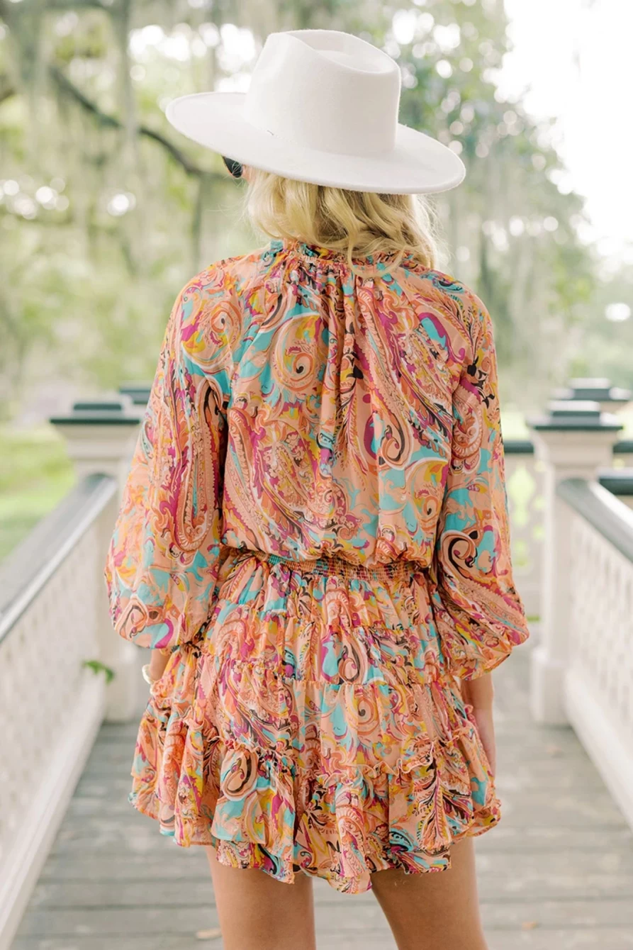 Shewin Women's Multicolour Paisley Print Frilled Mini Dress - Boho Chic Floral Pattern Party Wear