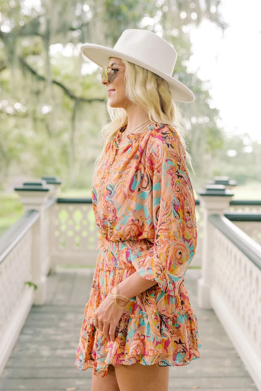 Shewin Women's Multicolour Paisley Print Frilled Mini Dress - Boho Chic Floral Pattern Party Wear