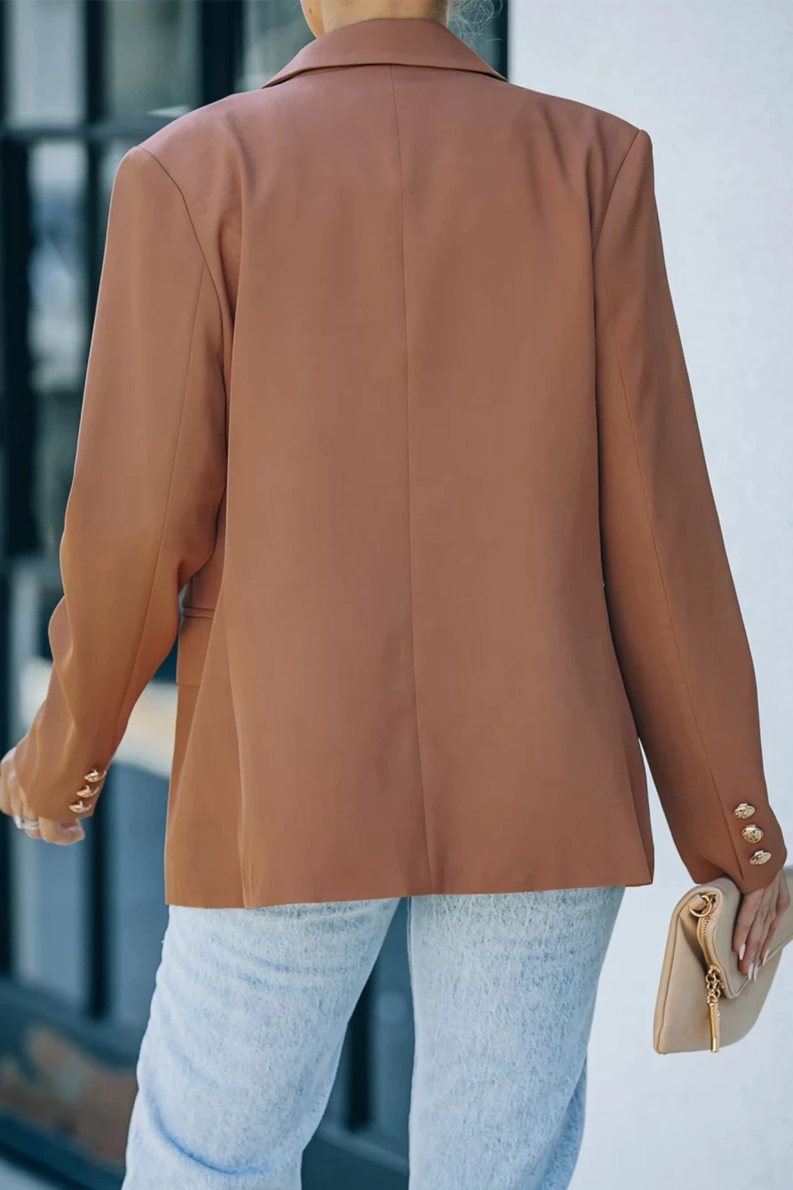 "Shewin Women's Brown Double Breasted Casual Blazer with Lapel Neck and Flap Pockets"
