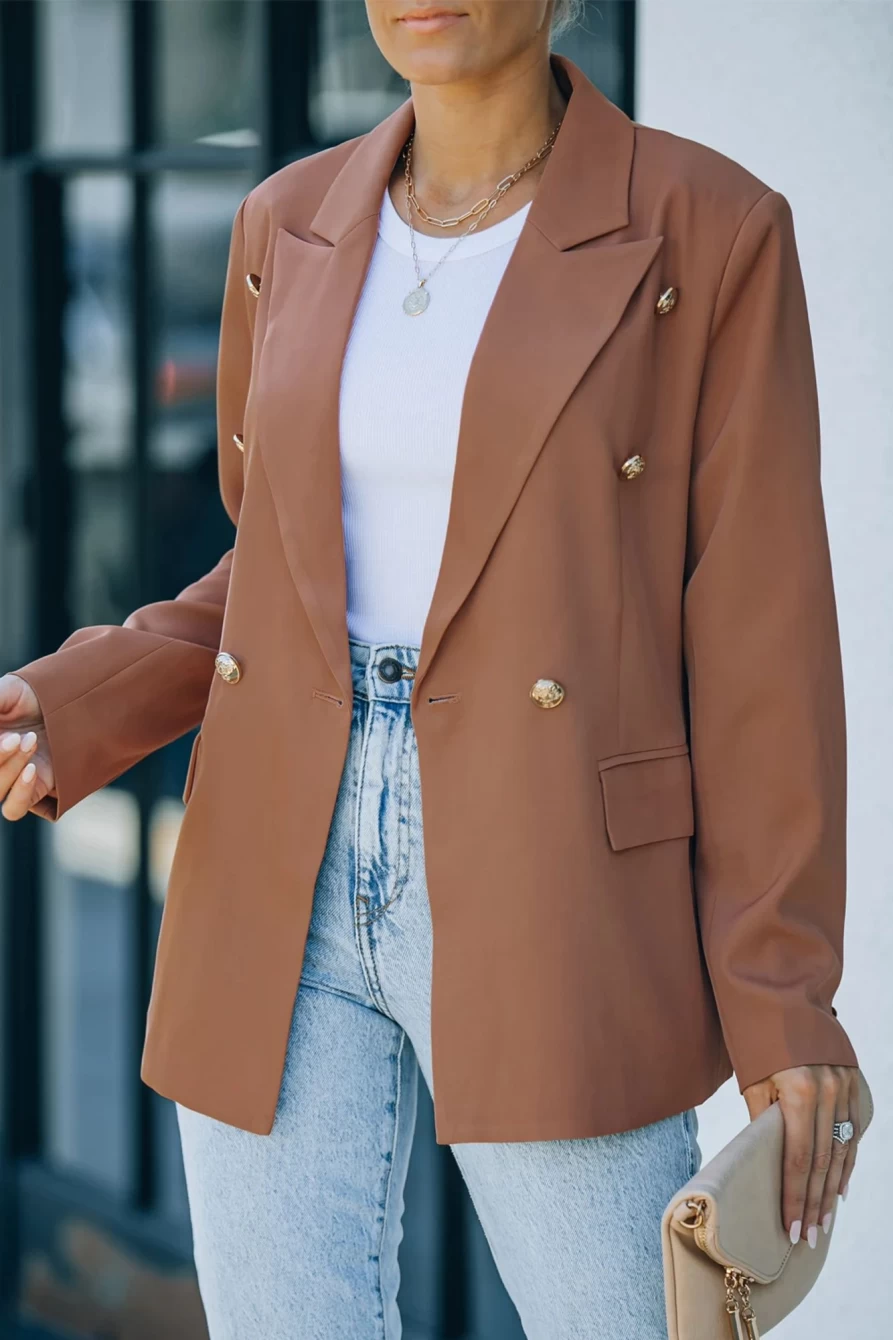 "Shewin Women's Brown Double Breasted Casual Blazer with Lapel Neck and Flap Pockets"