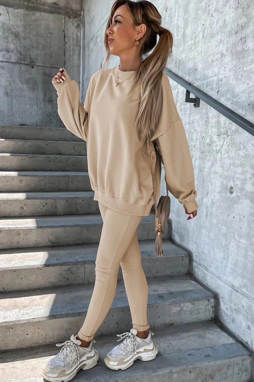Shewin Women's Beige Solid Sweatshirt & Leggings Two-Piece Set