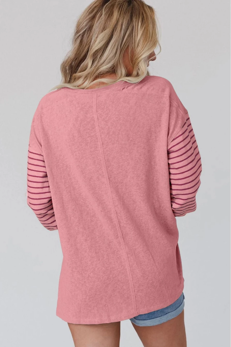 Shewin Women's Peach Blossom Colorblock Striped Top with Bishop Sleeves