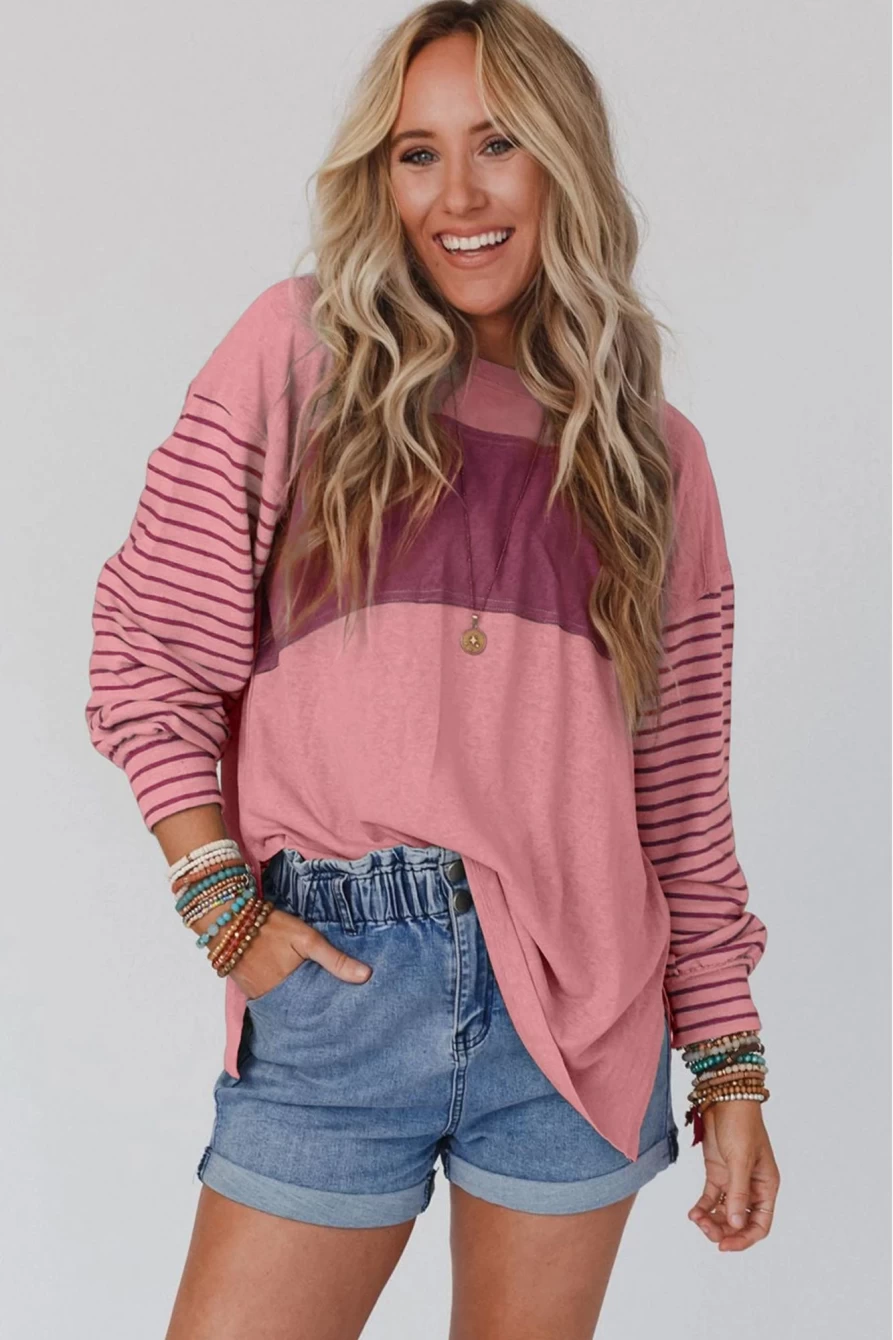 Shewin Women's Peach Blossom Colorblock Striped Top with Bishop Sleeves