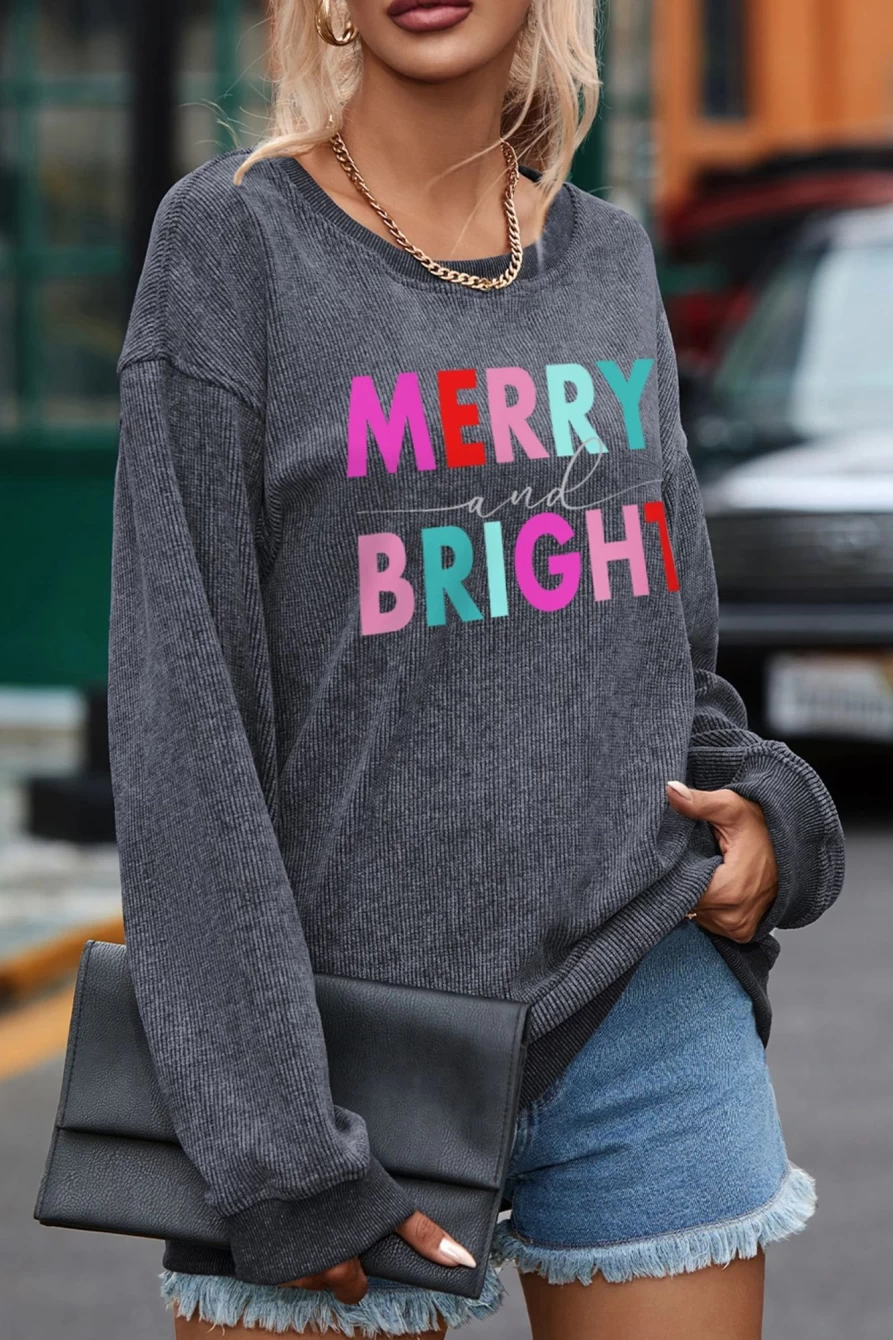 Shewin Women's Gray Merry And Bright Graphic Drop Shoulder Sweatshirt