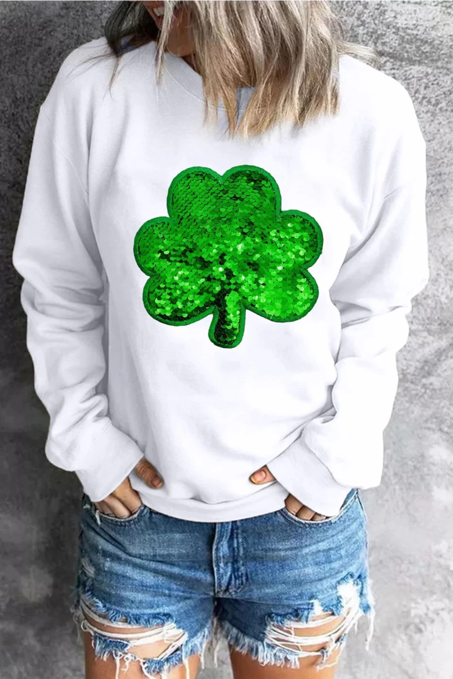 Shewin Women's White Sequin Clover Embroidered Drop Shoulder Graphic Sweatshirt