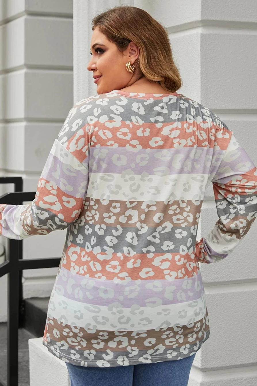 Shewin Women's Leopard Print Drop Shoulder Plus Size Colorful Stripes Top