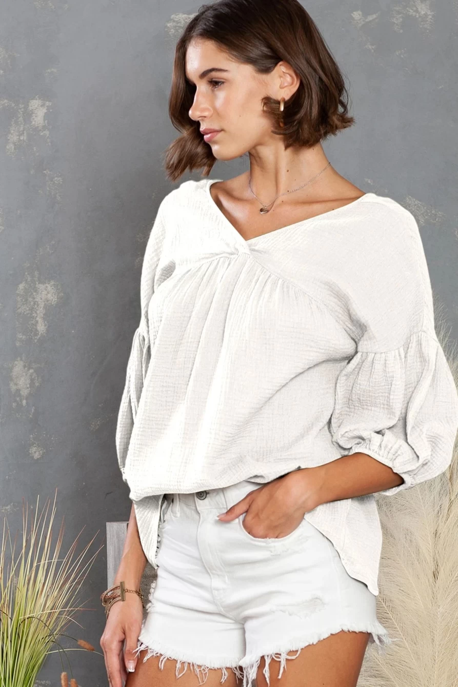 Shewin Women's Basic White Gauze Cotton V-Neck Top