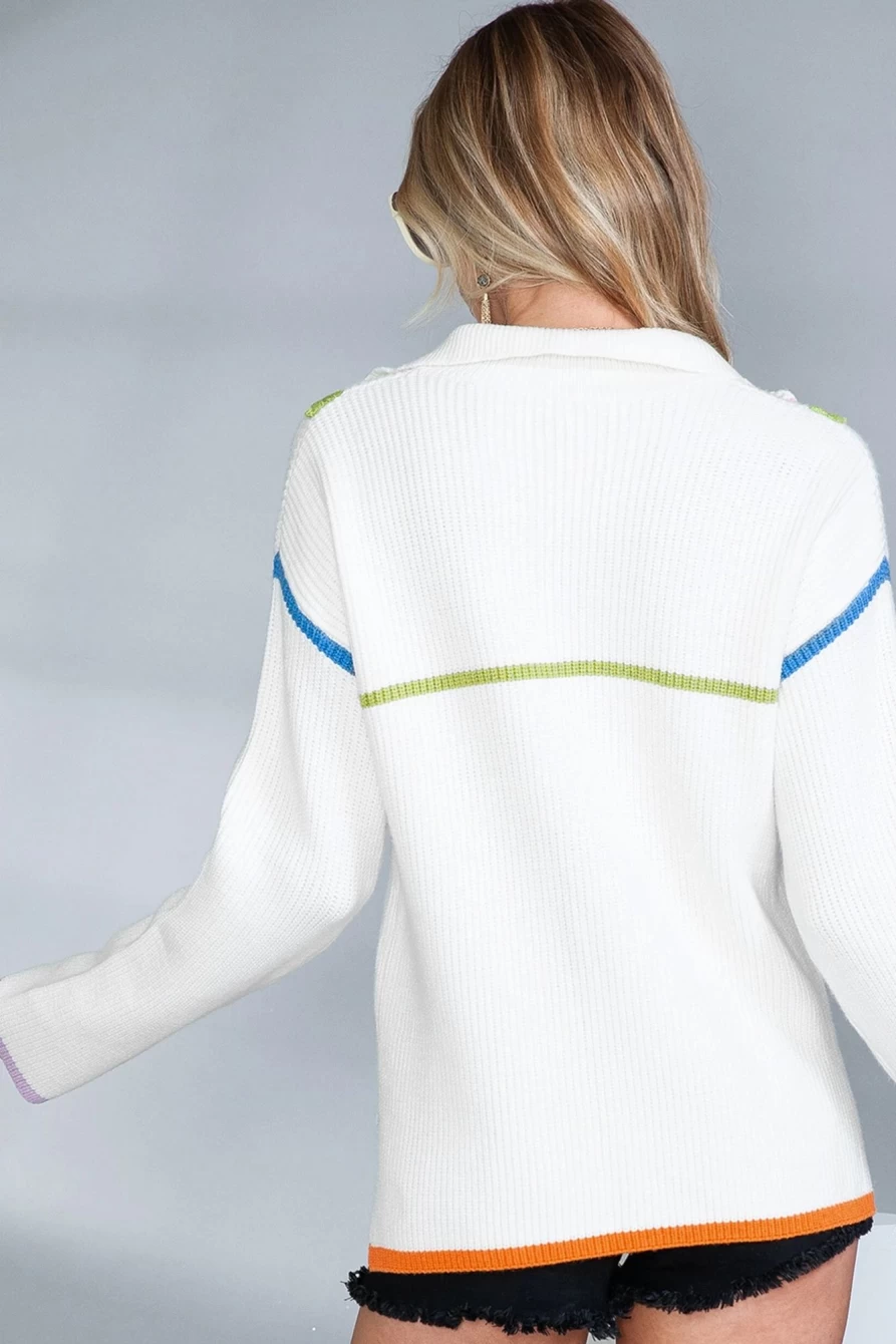 Shewin Women's White Half Zip Pullover Sweater with Contrast Trim