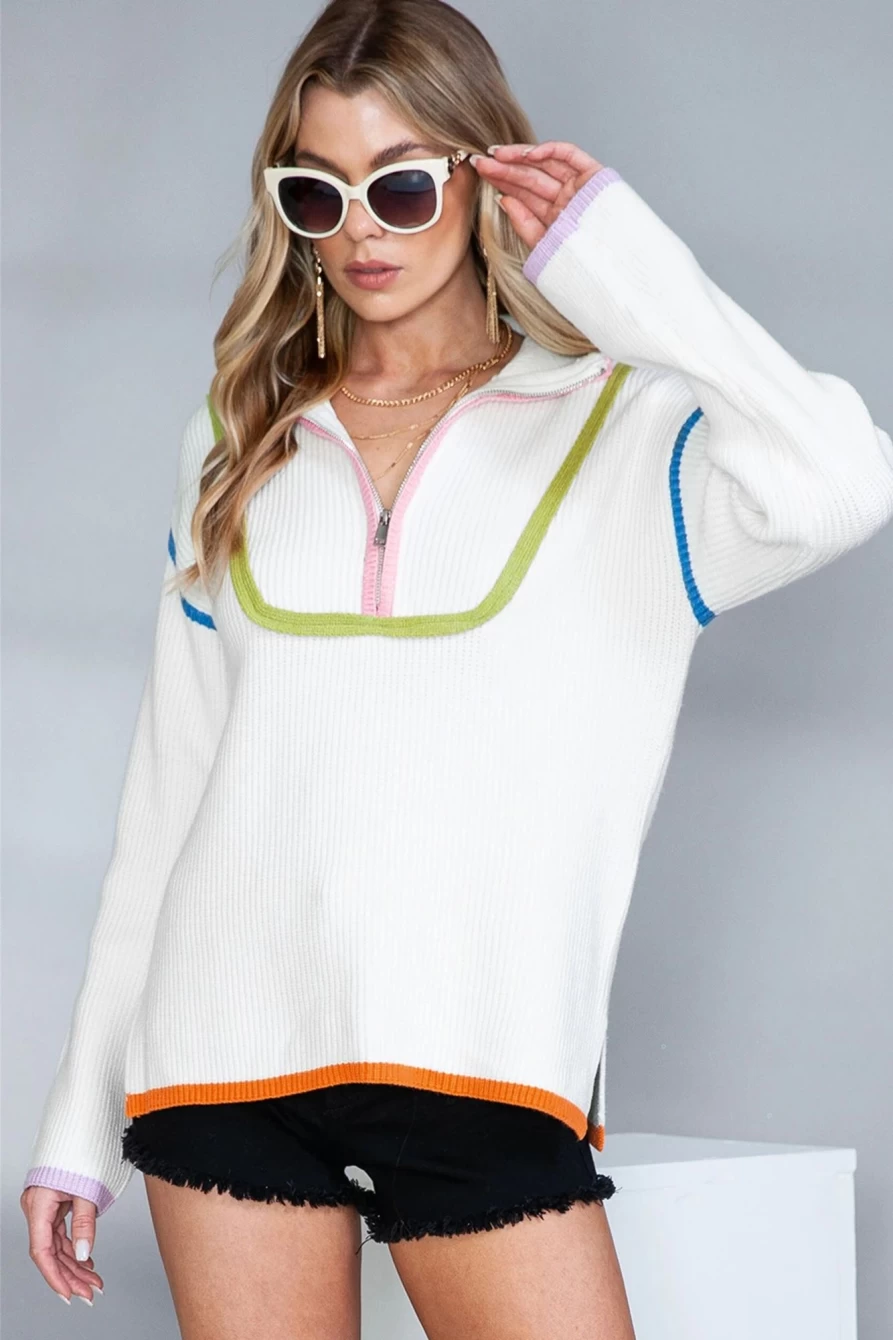 Shewin Women's White Half Zip Pullover Sweater with Contrast Trim