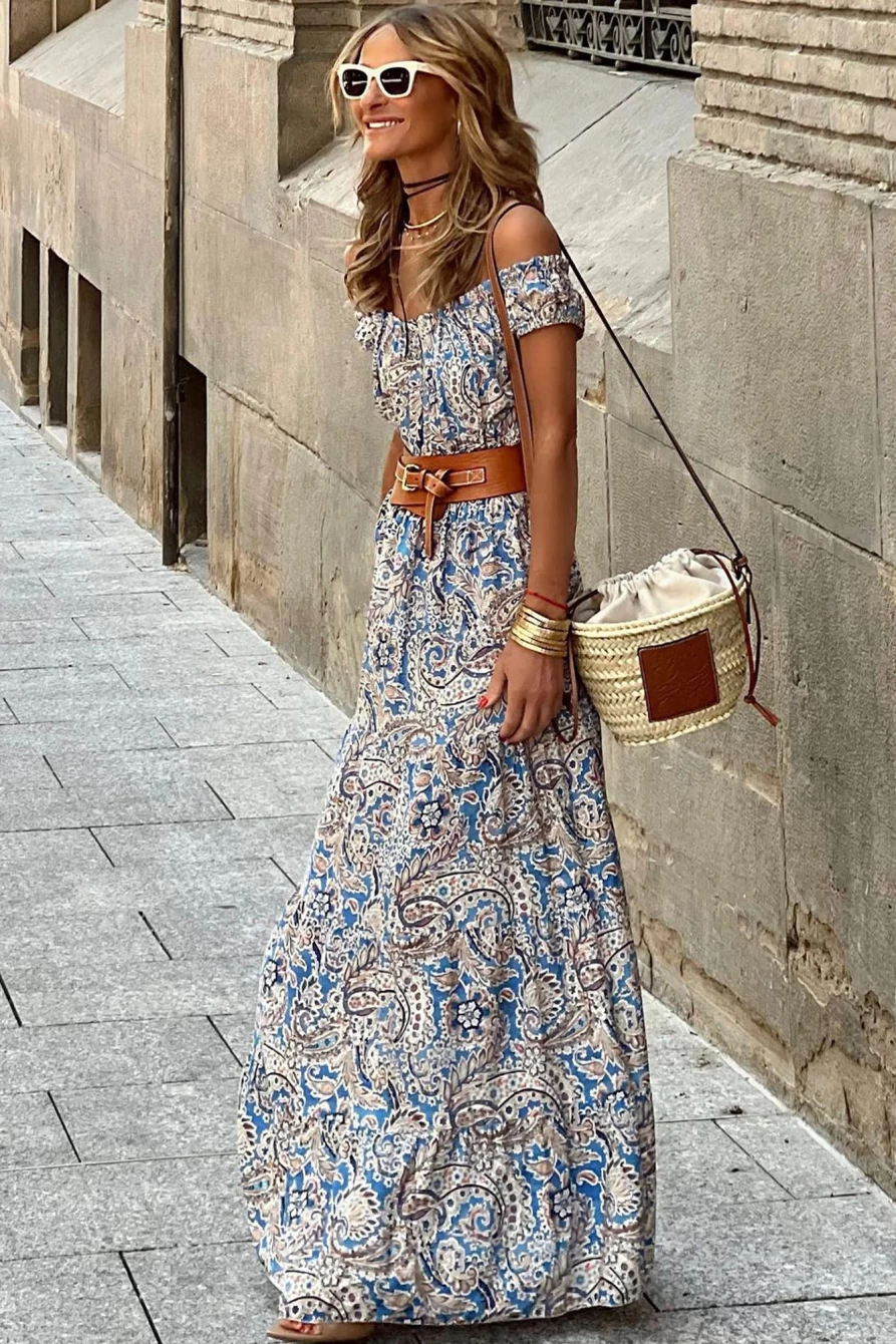 "SheWin Women's Blue Boho Paisley Print Off-Shoulder Maxi Dress | Floral Bohemian Beach Dress"