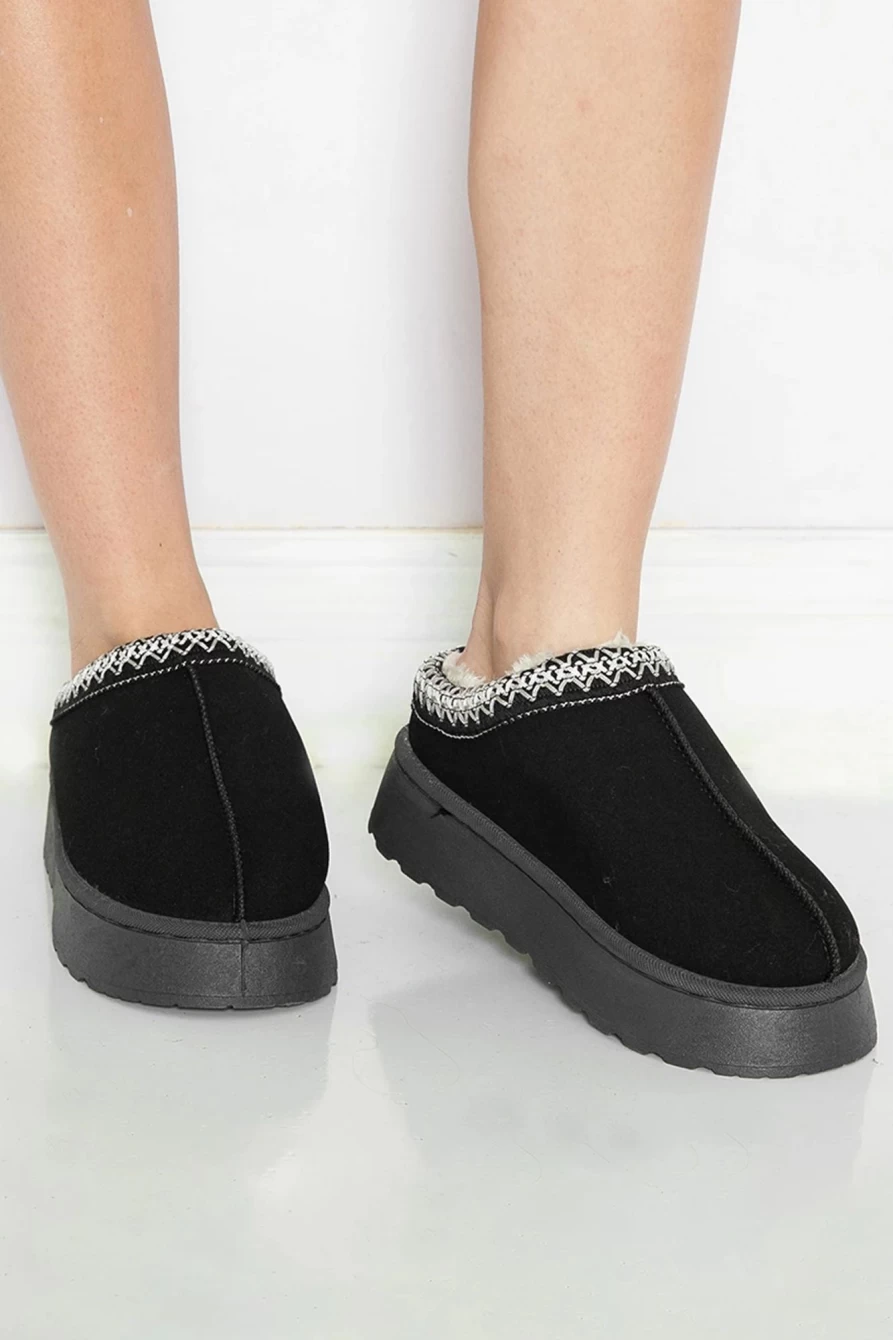 Shewin Women's Black Suede Flats with Contrast Print & Plush Lining - Comfortable Round Toe Ballet Shoes