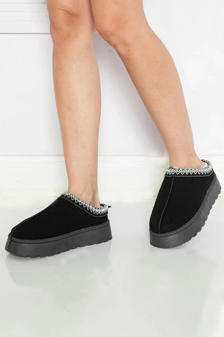 Shewin Women's Black Suede Flats with Contrast Print & Plush Lining - Comfortable Round Toe Ballet Shoes
