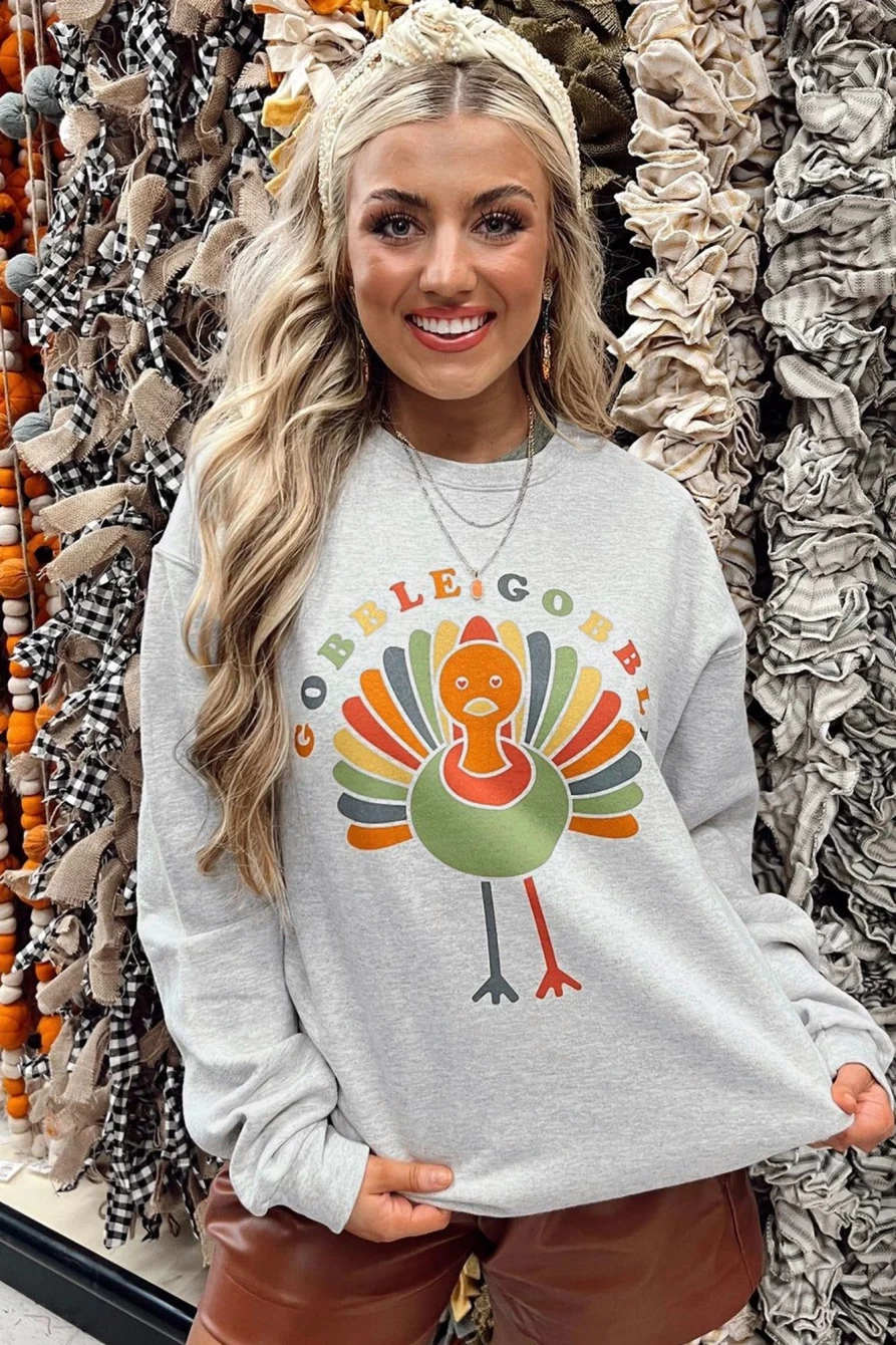 Shewin Women's Gray Turkey Graphic Pullover Sweatshirt - Cozy Gooble Gooble Print Hoodie