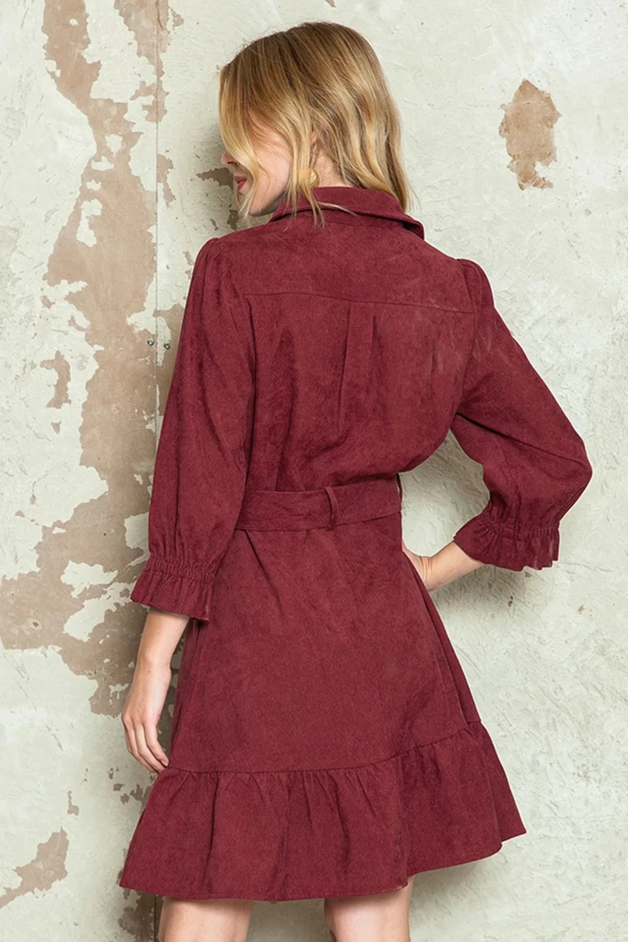 Shewin Women's Ruby Corduroy Mini Dress with Belted Waist & Ruffle Hem