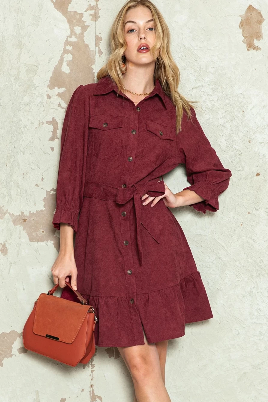 Shewin Women's Ruby Corduroy Mini Dress with Belted Waist & Ruffle Hem
