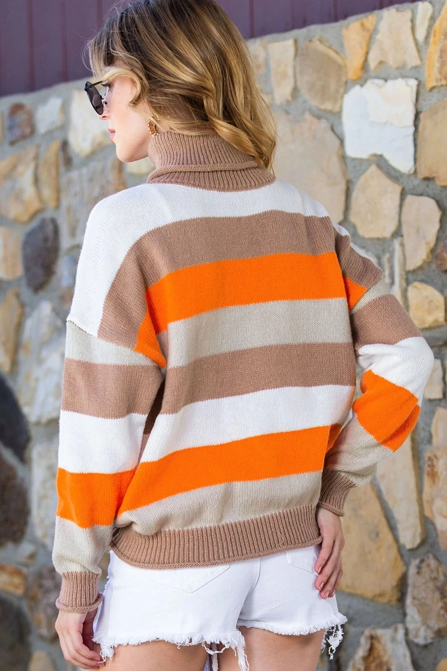 Shewin Women's Multicolor Striped Knitted Turtleneck Sweater with Drop Shoulder