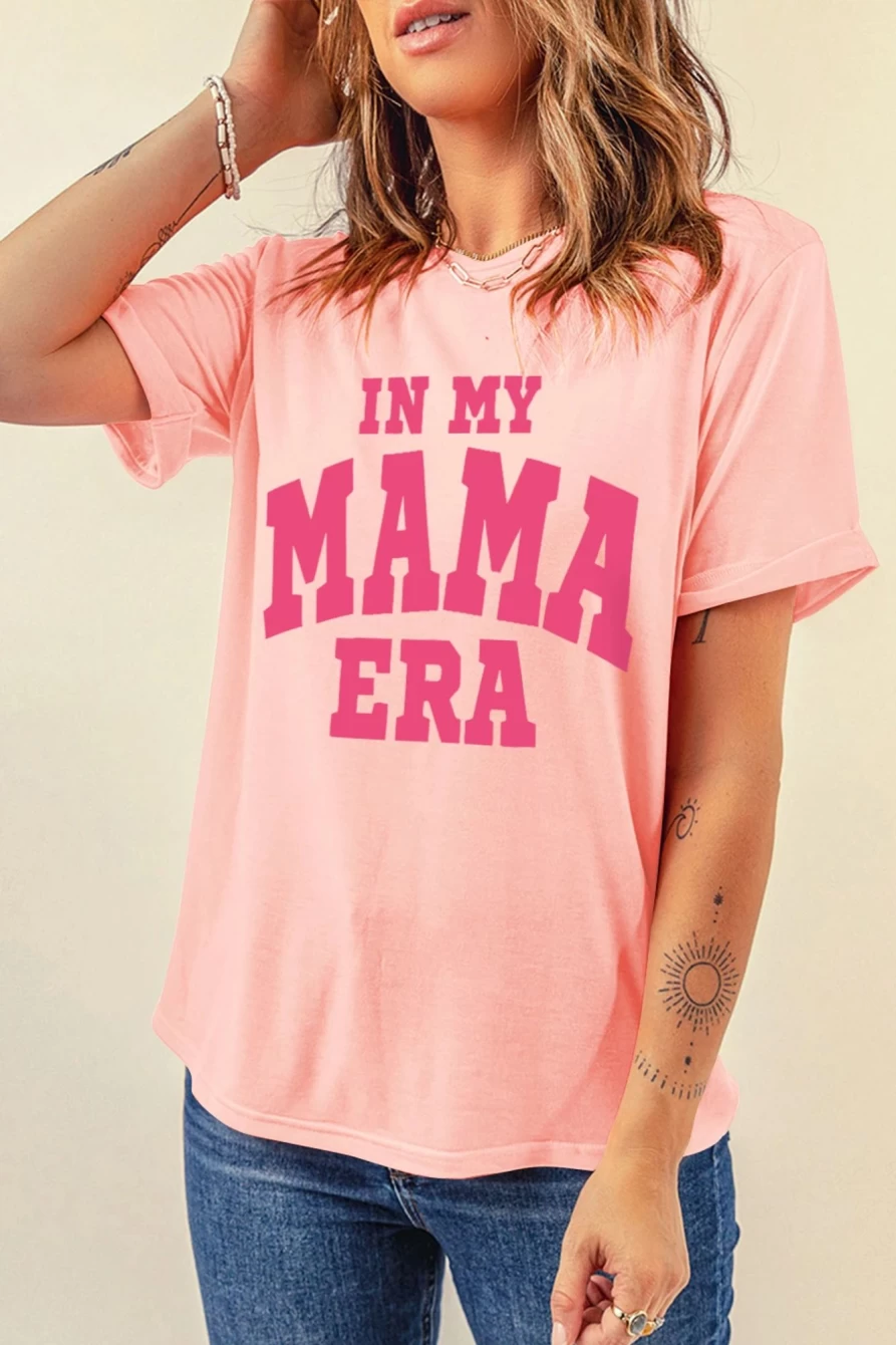 "SheWin Women's Pink 'In My Mama Era' Graphic Print Crew Neck T-Shirt"