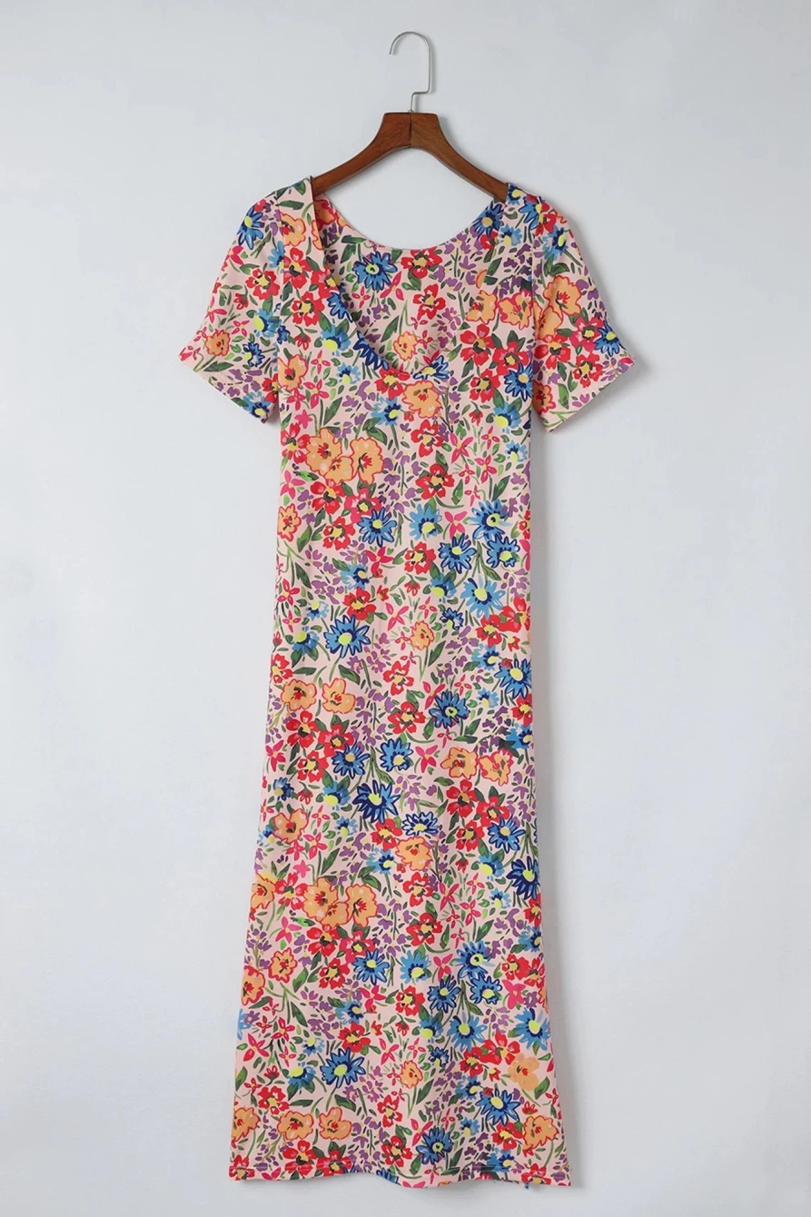 Shewin Women's Multicolor Floral Print Maxi Dress with Ruffle Sleeves & Open Back