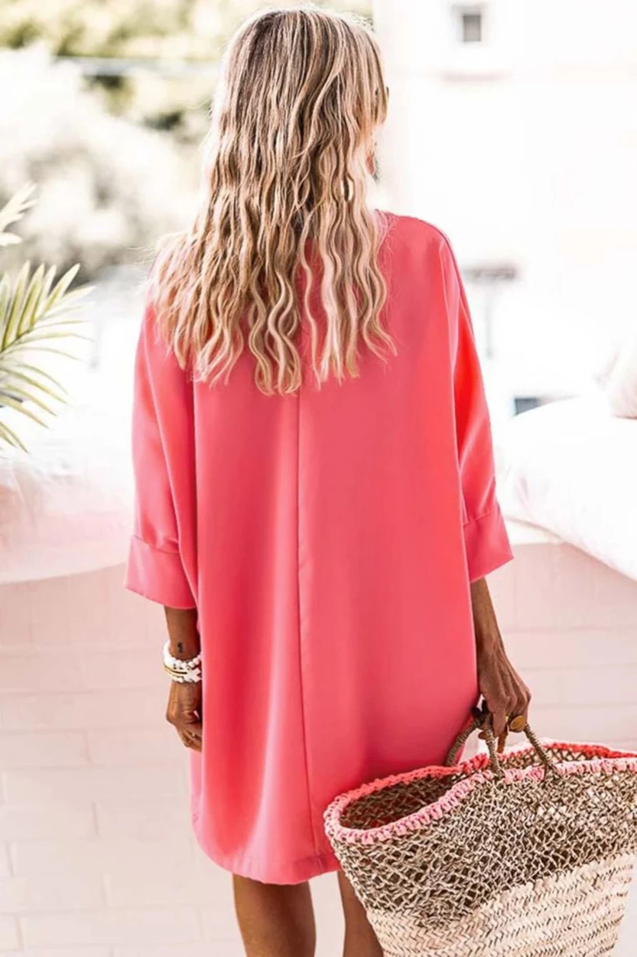 Shewin Women's Strawberry Pink Solid Color V-Neck 3/4 Sleeve Casual Dress