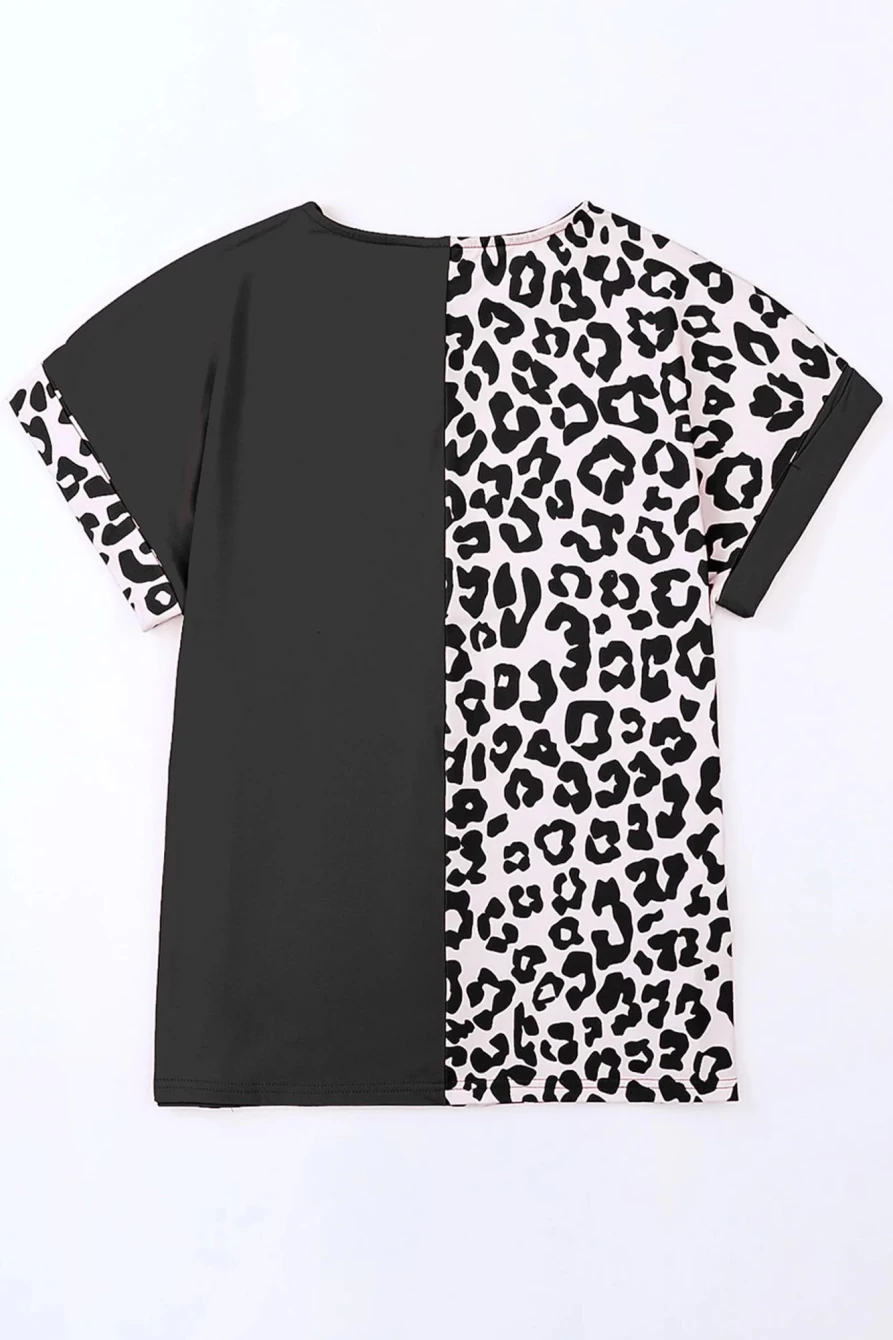 Shewin Women's Black Plus Size Half Leopard Print Patchwork T-Shirt