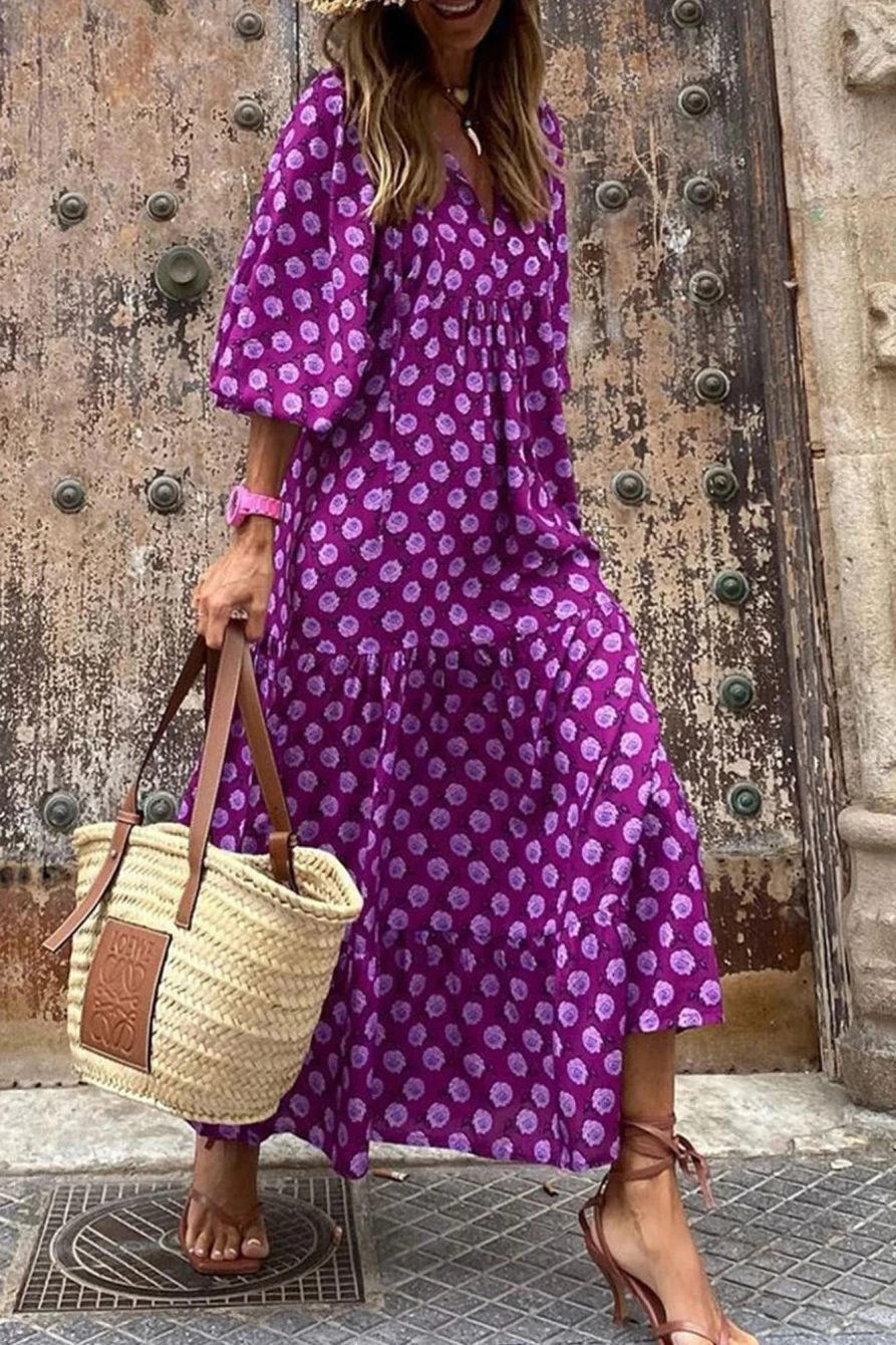 Shewin Women's Boho Purple Printed V-Neck Puff Sleeve Maxi Dress