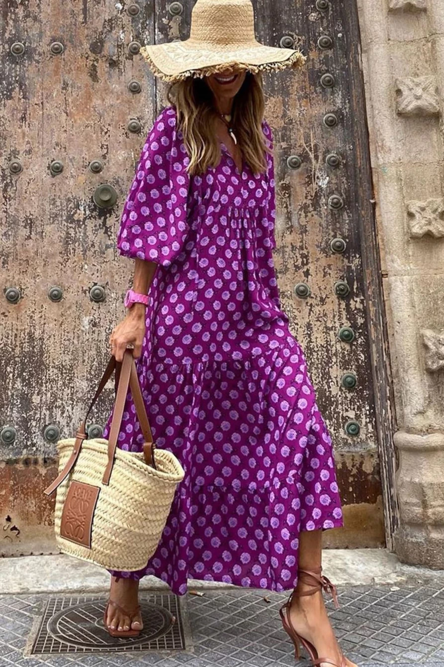Shewin Women's Boho Purple Printed V-Neck Puff Sleeve Maxi Dress