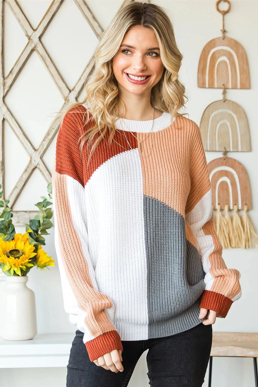 Shewin Women's Multicolor Loose Fit Casual Color Block Knit Sweater