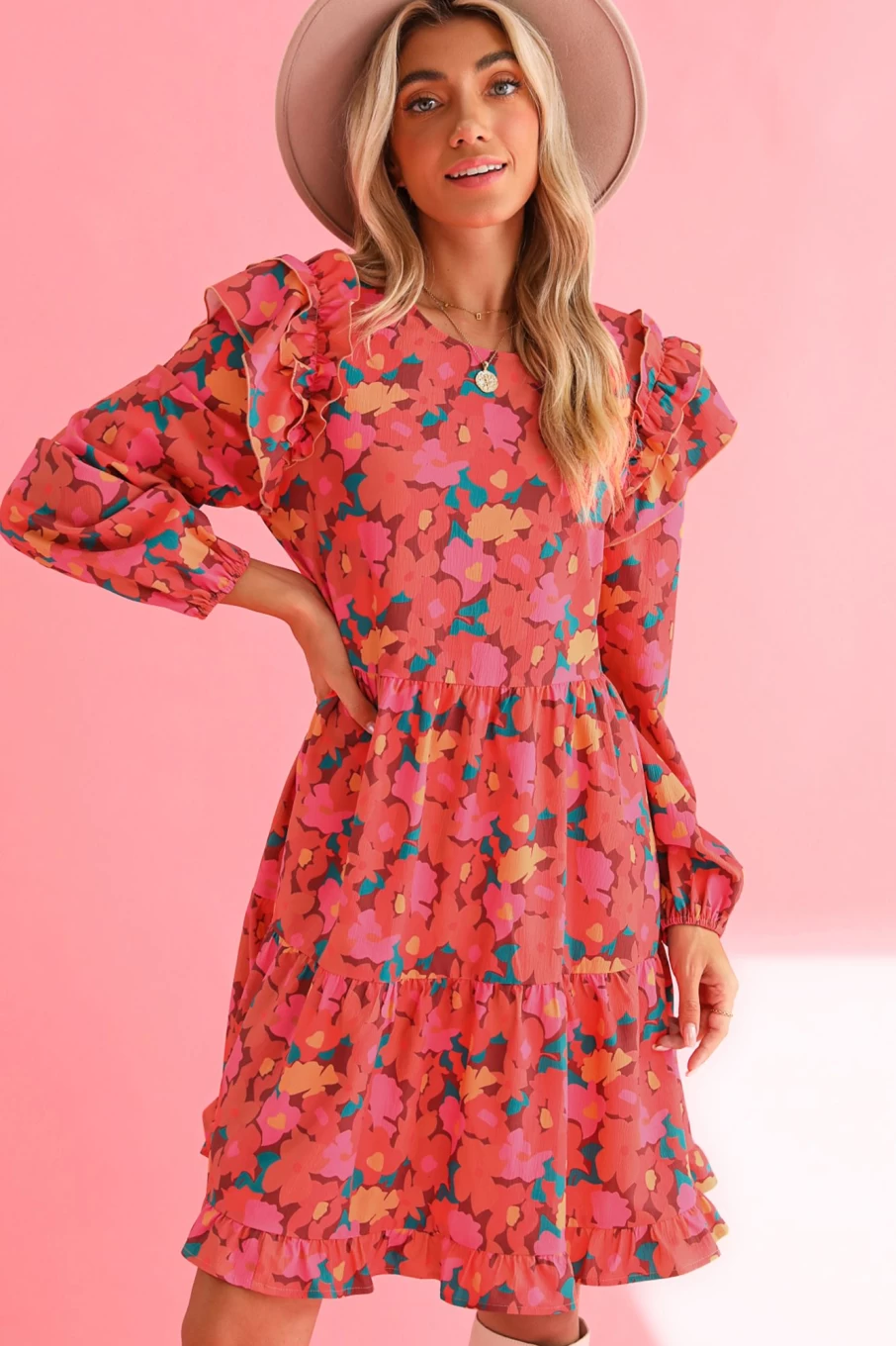 Shewin Women's Rose Red Boho Floral Print Ruffle Tiered Mini Dress - Chic Summer Party Outfit