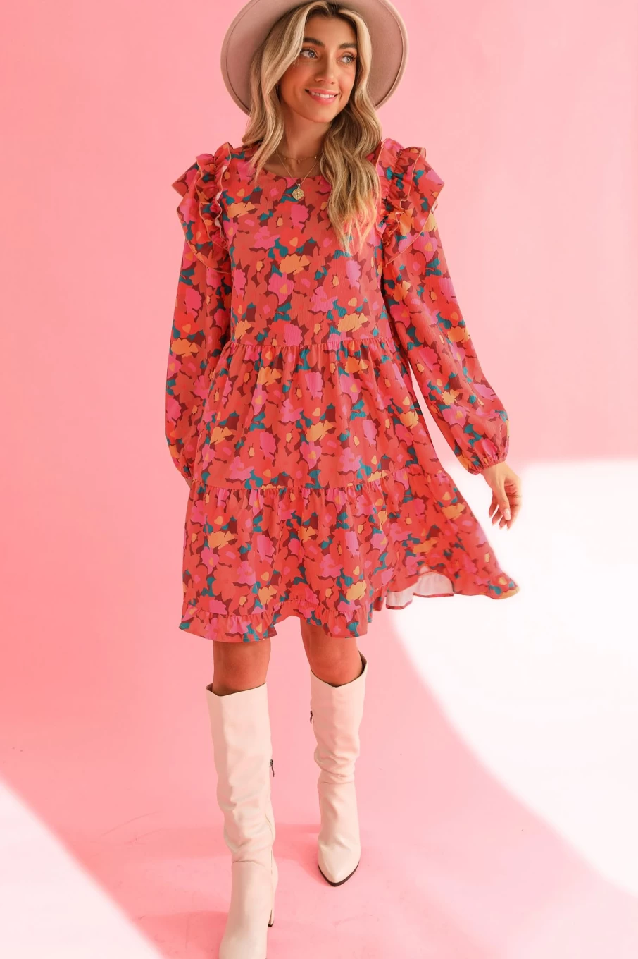 Shewin Women's Rose Red Boho Floral Print Ruffle Tiered Mini Dress - Chic Summer Party Outfit