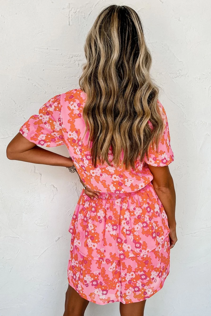 Shewin Women's Pink Floral V-Neck Ruffle Tiered Short Dress