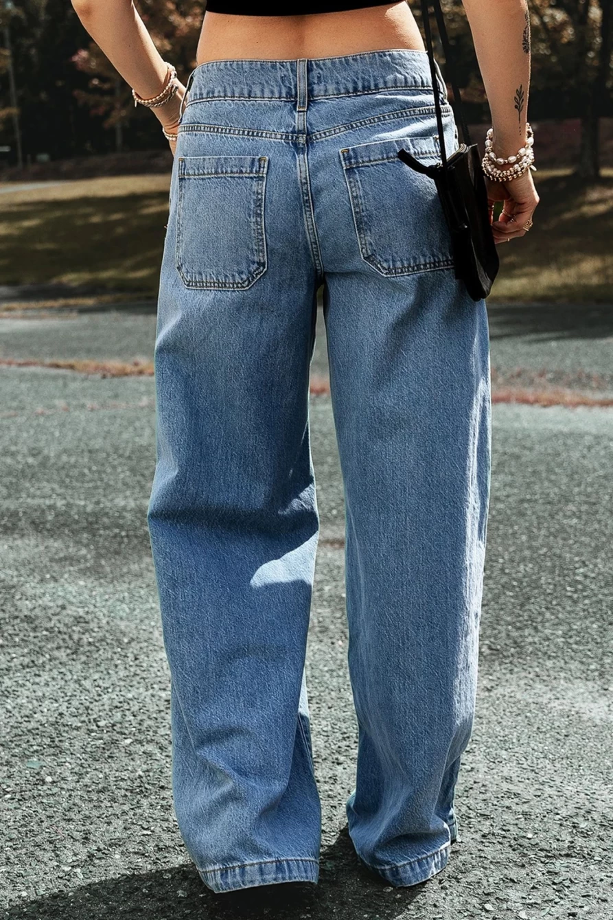 Shewin Women's Light Blue Drop Waist Wide Leg Oversized Jeans - High Rise Relaxed Fit Denim Pants