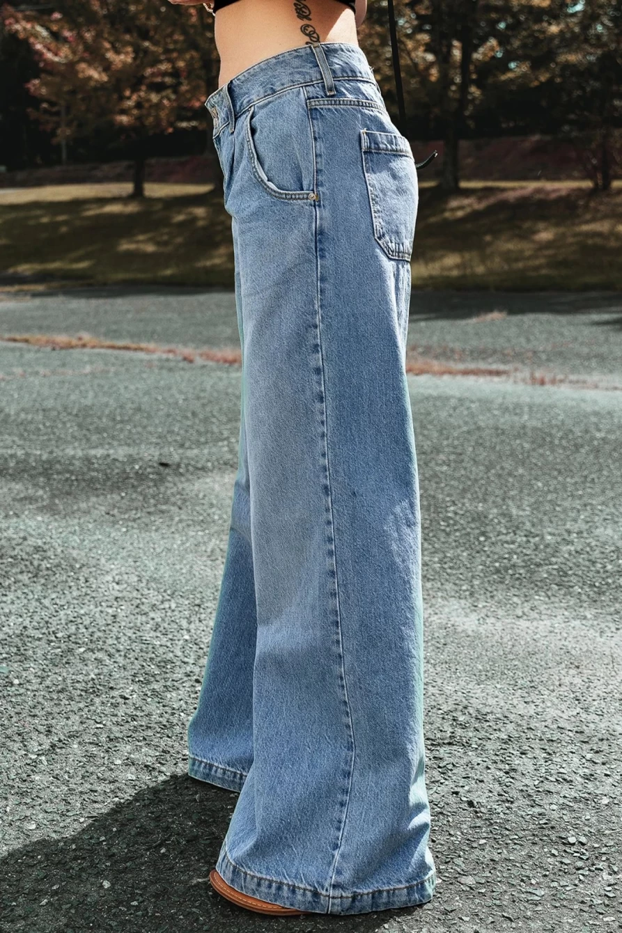 Shewin Women's Light Blue Drop Waist Wide Leg Oversized Jeans - High Rise Relaxed Fit Denim Pants