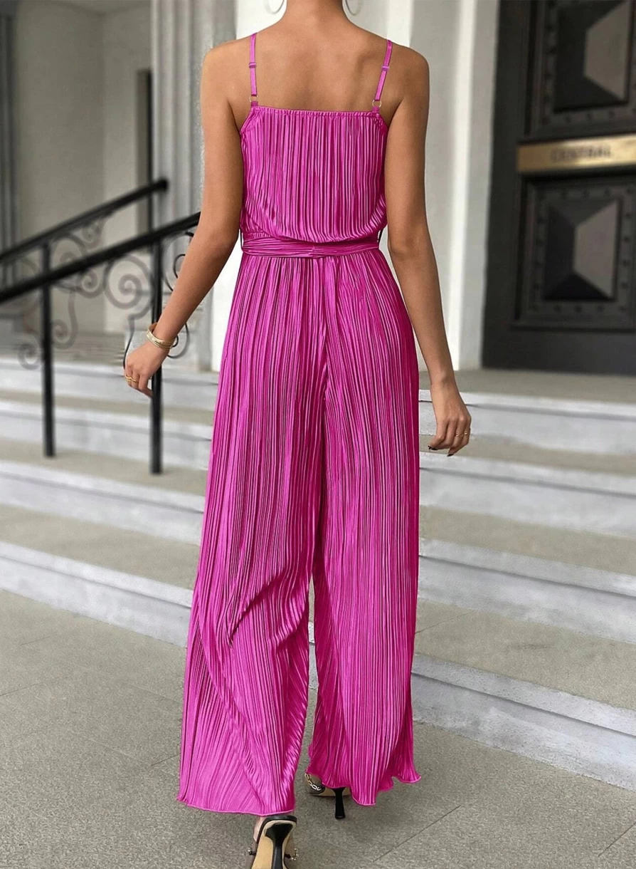 Shewin Women's Bright Pink Belted Drape Pleated Wide Leg Jumpsuit - Stylish & Comfortable Outfit